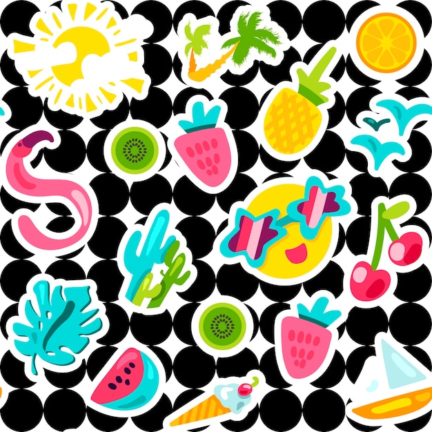 夏のシームレスなベクトルパターン。果物、太陽、ベリー。手描きのステッカーと休暇の背景 Premiumベクター