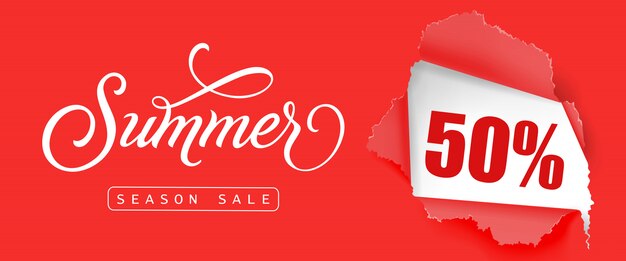 Summer season sale Fifty percent lettering. Creative inscription with swirl elements