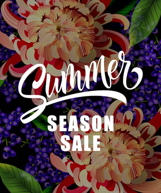 熱帯の花と夏のシーズンセールレタリング。夏の提供または販売広告