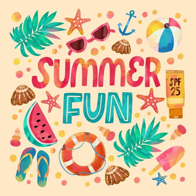 Summer season watercolor text and illustrations