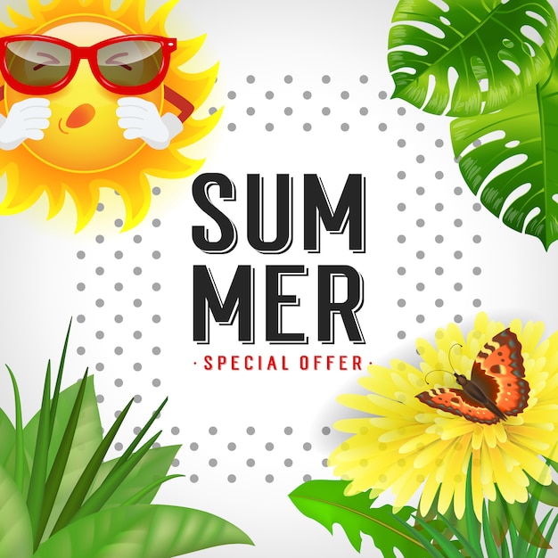 Summer special offer lettering. modern inscription with tropical leaves, sneezing sun