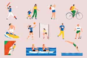 Free vector summer sport color set with isolated icons of athletes in uniform and ordinary people doing sports vector illustration