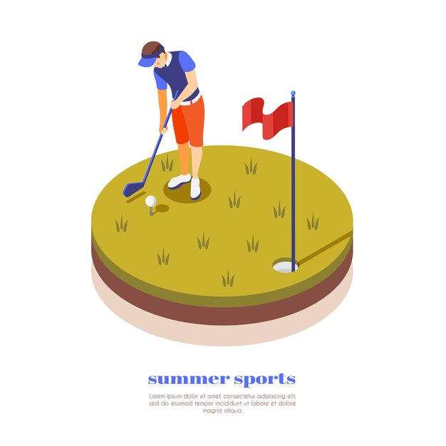 Summer sports isometric illustration with sportsman holding putter for playing golf