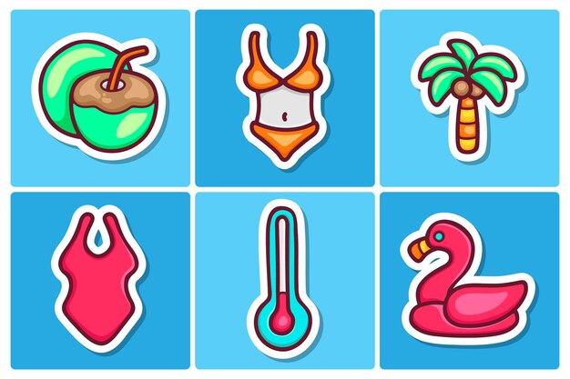 Free vector summer sticker icons doodle coloring vector