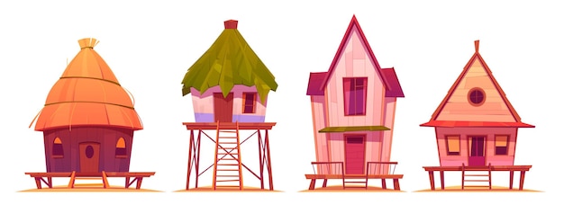 Summer stilt houses, bungalows on sea beach isolated.