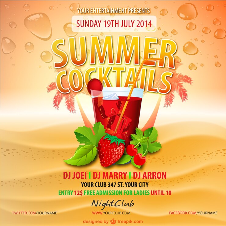 Free Vector summer strawberry cocktail party poster