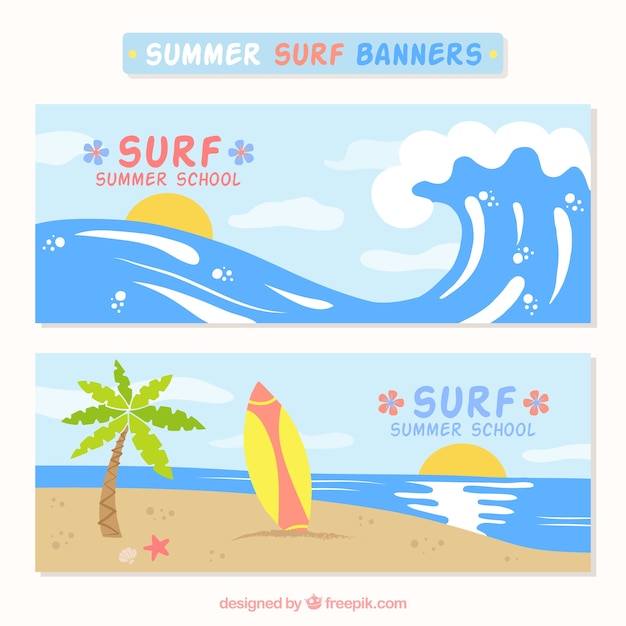 Summer surf banners with waves and surfboard