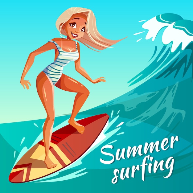 Free vector summer surfing illustration of girl or young woman surfer at board on ocean wave.