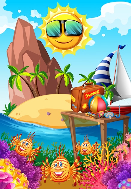 Summer theme with sun and island