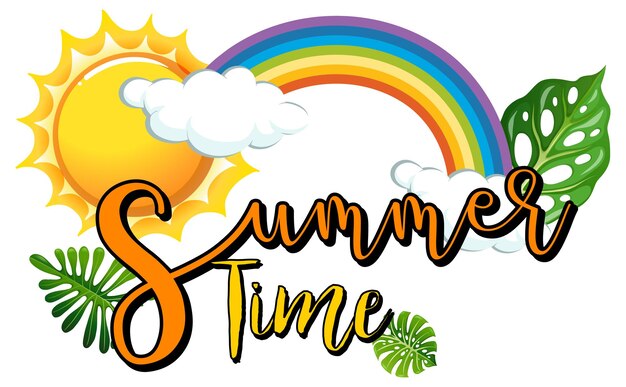 Summer Time banner with sun and rainbow in cartoon style isolated