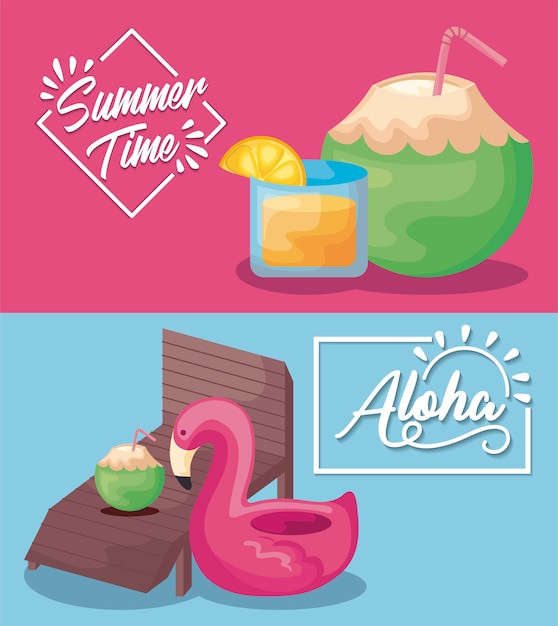 Summer time holiday banner with cocktails and flemish float