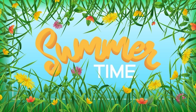 Free vector summer time realistic frame consisting of field flowers dandelions clovers buttercups and green grass vector illustration