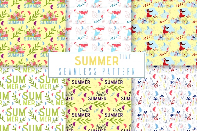 Summer time seamless pattern impostato in stile jungle floreale