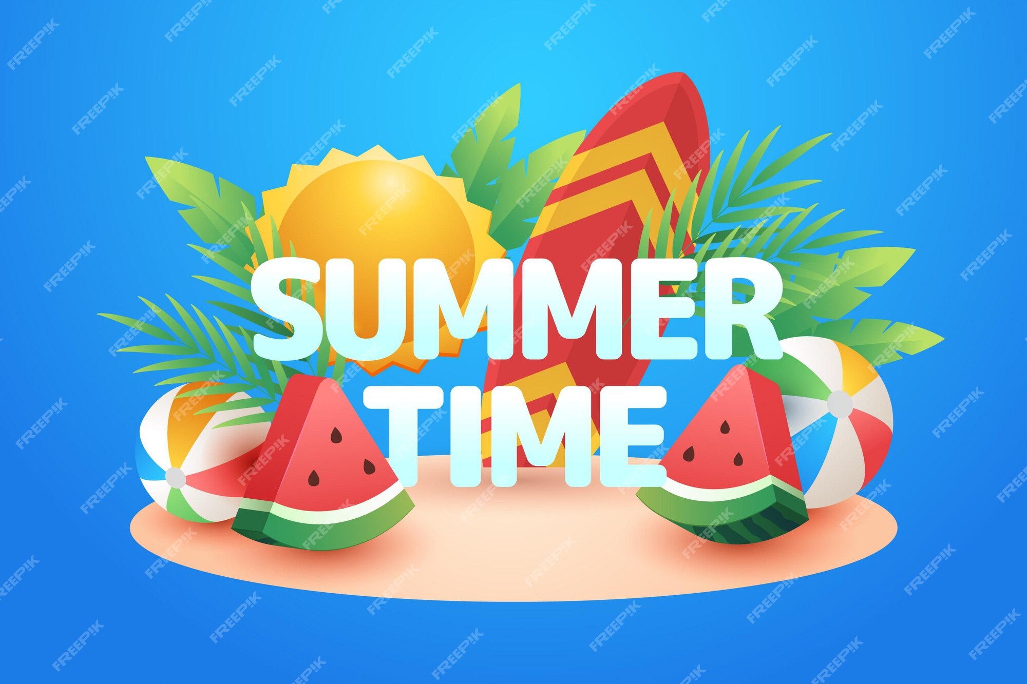 Free Vector  Summer time text on illustrated beach