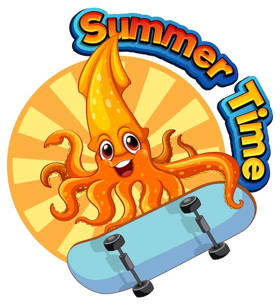 Free vector summer time word with squid cartoon