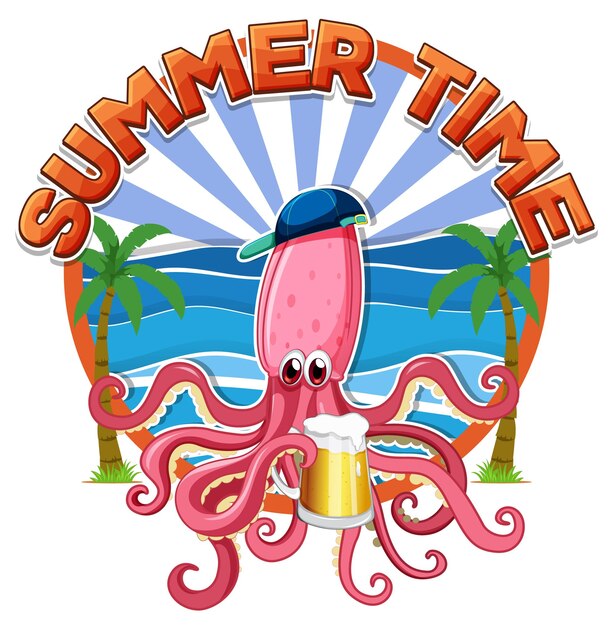 Free vector summer time word with squid cartoon