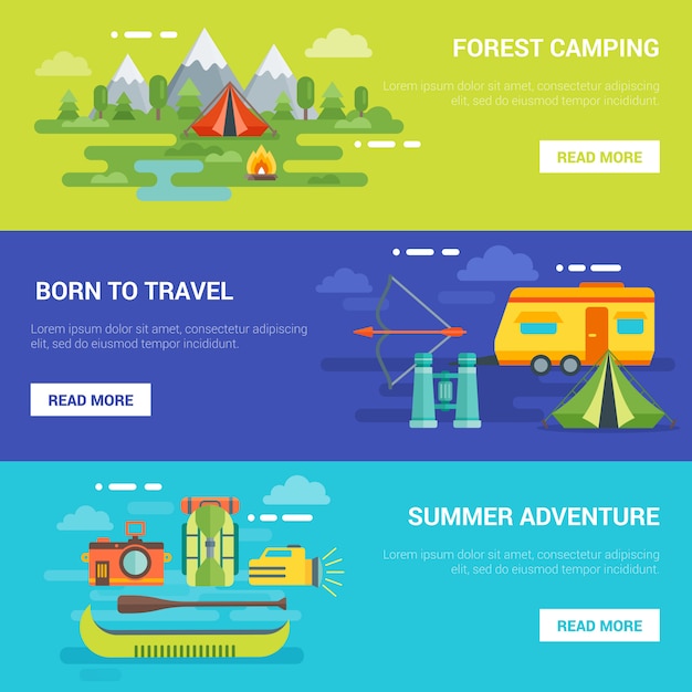 Free vector summer tourist adventures horizontal banners