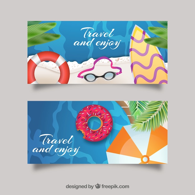 Summer travel banners with beach elements