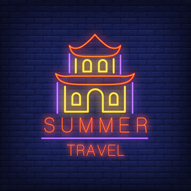 Free vector summer travel neon text with chinese house. seasonal offer or sale advertisement