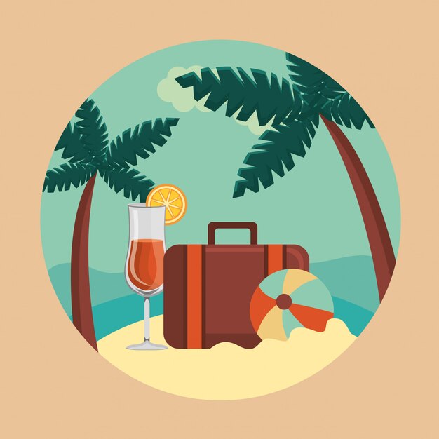 Summer and travel, suitcase, ball and cocktail in paradise in a circle