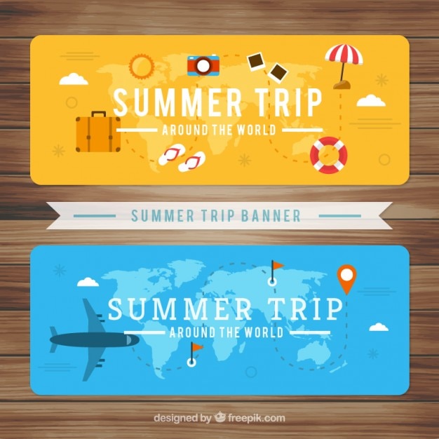 Summer trip with beach elements banners