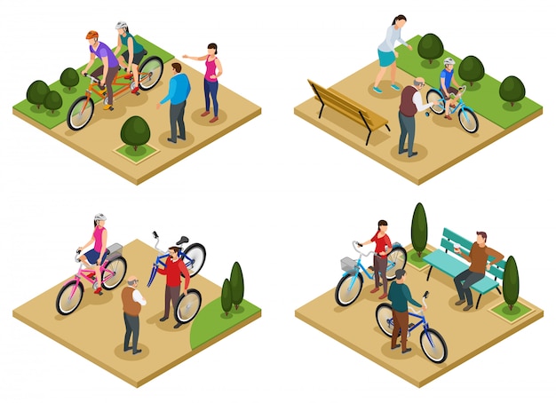 Vettore gratuito insieme di concetto di progetto di vacanze estive 2x2 delle composizioni isometriche con la gente che guida le biciclette nell'illustrazione di vettore del parco della città