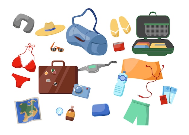 Summer vacation accessories cartoon vector illustration set. Suitcase, travelers bag, luggage, clothes, camera, passport, tickets, bottle, hat, sunglasses, swimsuit, flip-flops. Travel stuff concept