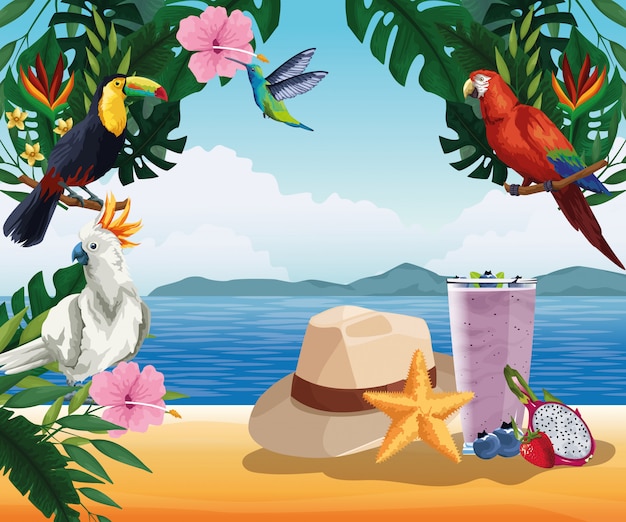 Free vector summer vacation and beach in cartoon style