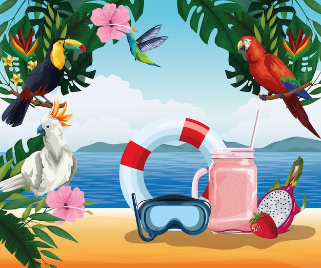 Free vector summer vacation and beach in cartoon style