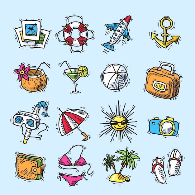 Vettore gratuito set di icone di vacanze estive