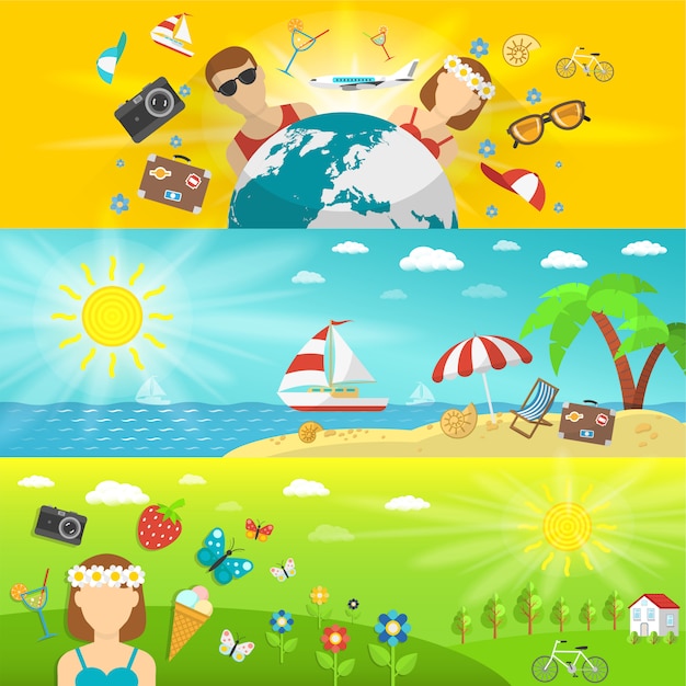 Free vector summer vacations and travel with seaside forest and fields horizontal banners set