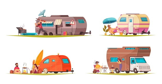 Летние каникулы с концепцией туристического трейлера, автофургона, фургона, 4 мультяшных композиции с иллюстрацией кемпинга на дороге