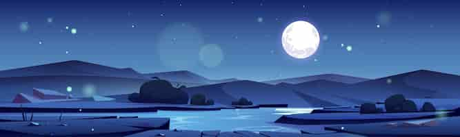 Vettore gratuito valle estiva con fiume e montagne all'orizzonte di notte illustrazione vettoriale di cartoni animati del paesaggio naturale con cespugli di flusso d'acqua, rocce e luna piena nel cielo