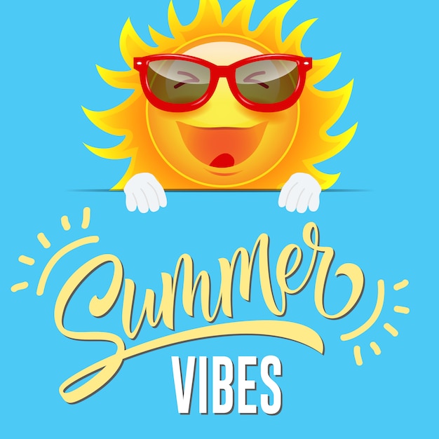 Summer vibes greeting card with joyful cartoon sun in sunglasses on sly blue background.