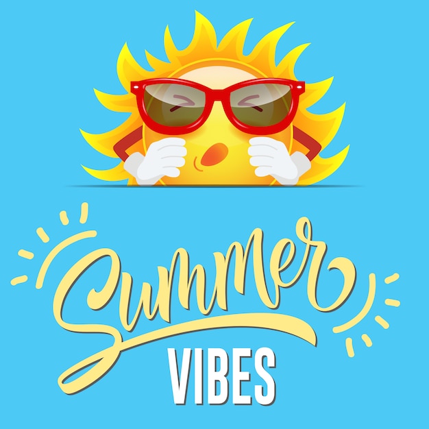 Summer vibes greeting with cartoon sun in sunglasses on sly blue background.