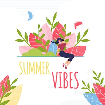Summer vibes text and resting woman composition.