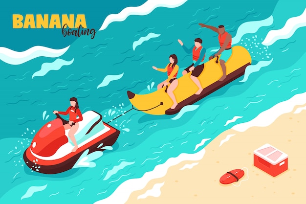 Летний водный спорт изометрический с группой людей на отдыхе, езда на банане на лодках