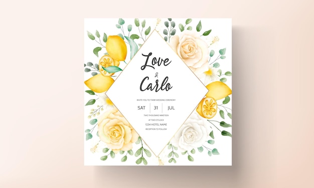 Free vector summer watercolor floral with botanical lemon fruit wedding card set