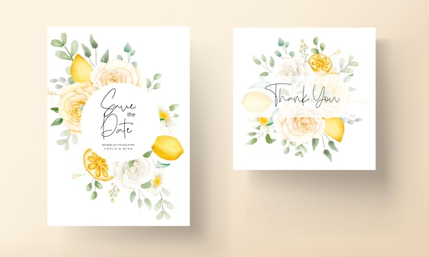 Summer watercolor floral with botanical lemon fruit wedding card set