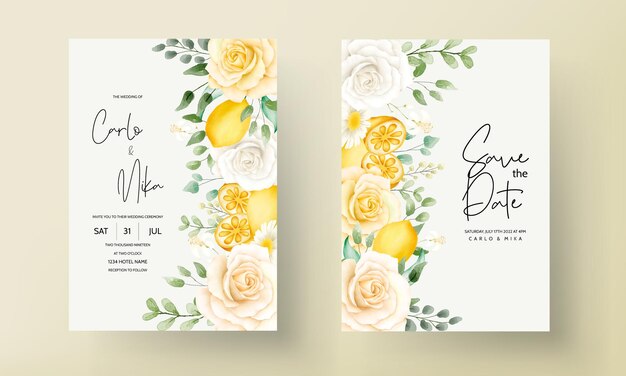 植物のレモン フルーツのウェディング カードと夏の水彩花柄