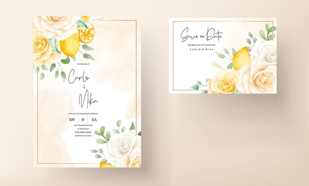 식물 레몬 과일 웨딩 카드와 함께 여름 수채화 꽃