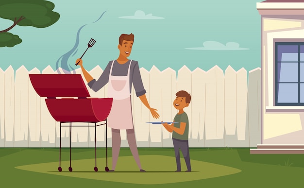 Летние выходные барбекю на патио газон ретро мультфильм постер с барбекю гриль отец