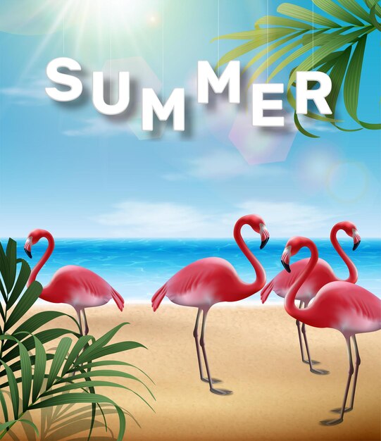 summer  with tropical leaves and flamingo bird illustration