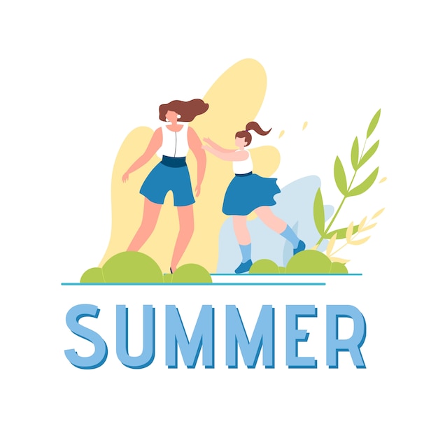 Summer world and happy walking family illustration