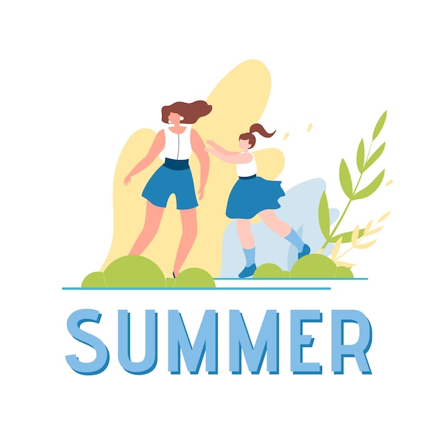 Summer World and Happy Walking Family Illustration