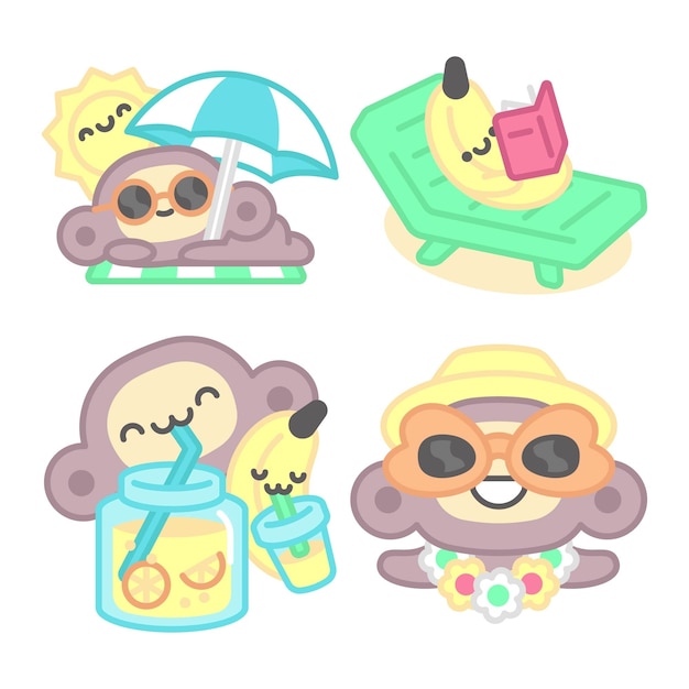 Free vector summertime stickers collection with monkey and banana