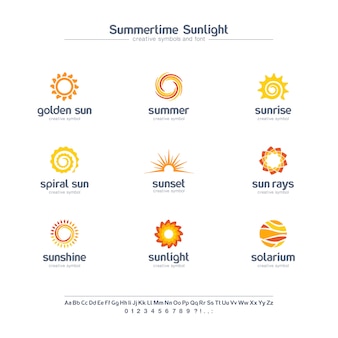 Summertime sunlight creative symbols set, font concept. spiral sun rays, solarium abstract business logo. summer sunrise, gold star icon.