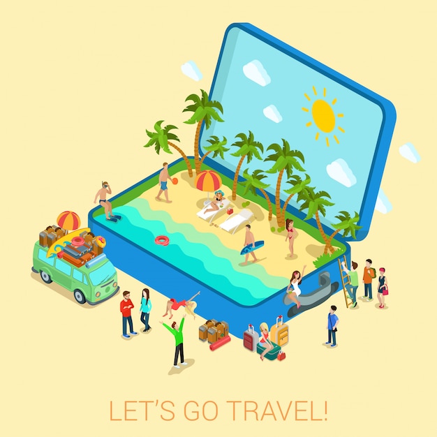 Free vector summertime travel beach vacation flat 3d web isometric infographic tourism concept vector template. open suitcase with seashore hippie van surfer young girls in bikini. creative people collection.