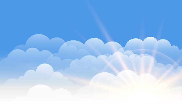 Sun lens flare with clouds on blue sky background