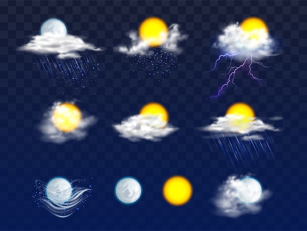 Free vector sun and moon disks clear and in clouds with rain and snow icons